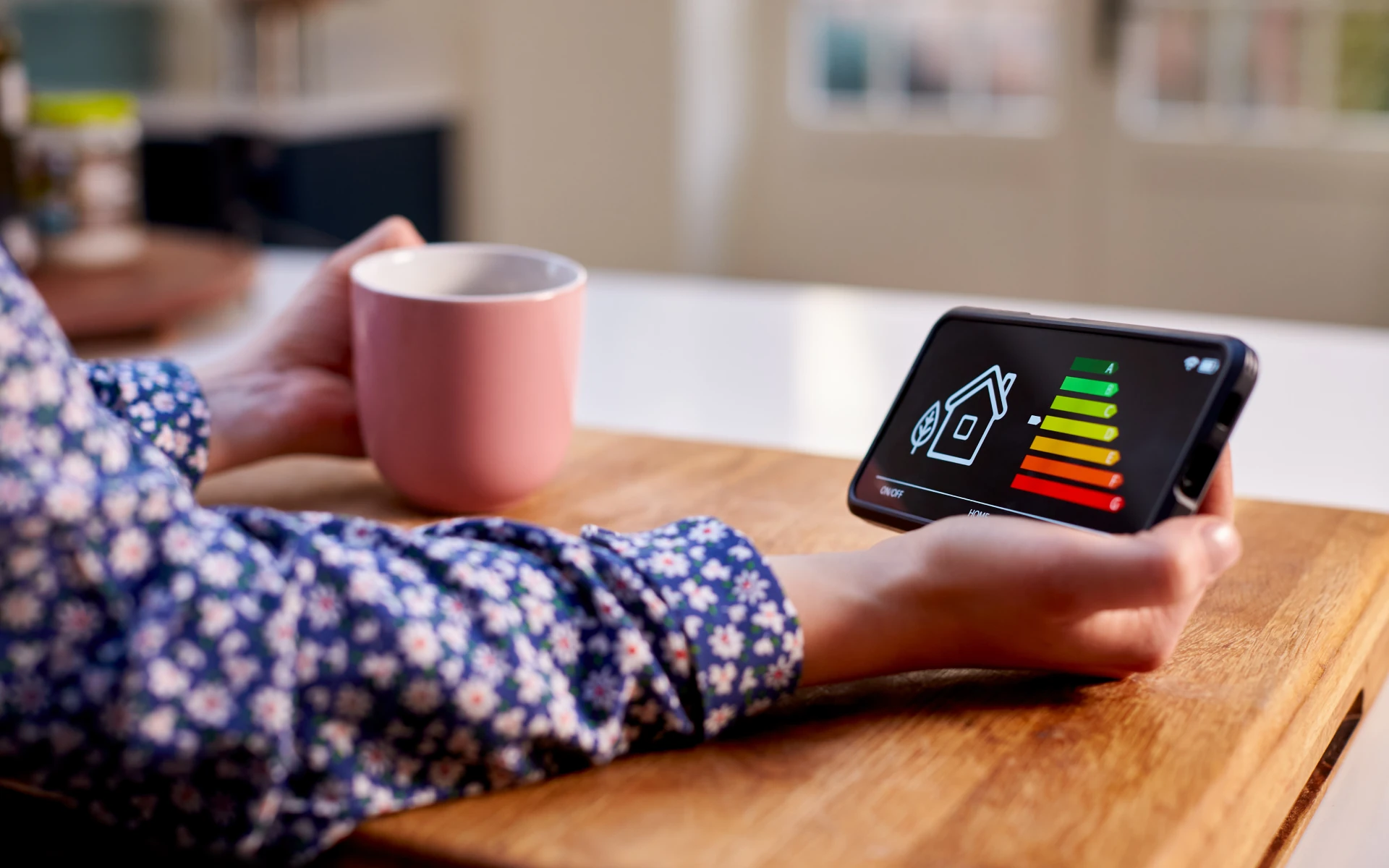 A person checks energy efficiency levels on a smartphone app, illustrating smart load management at home.