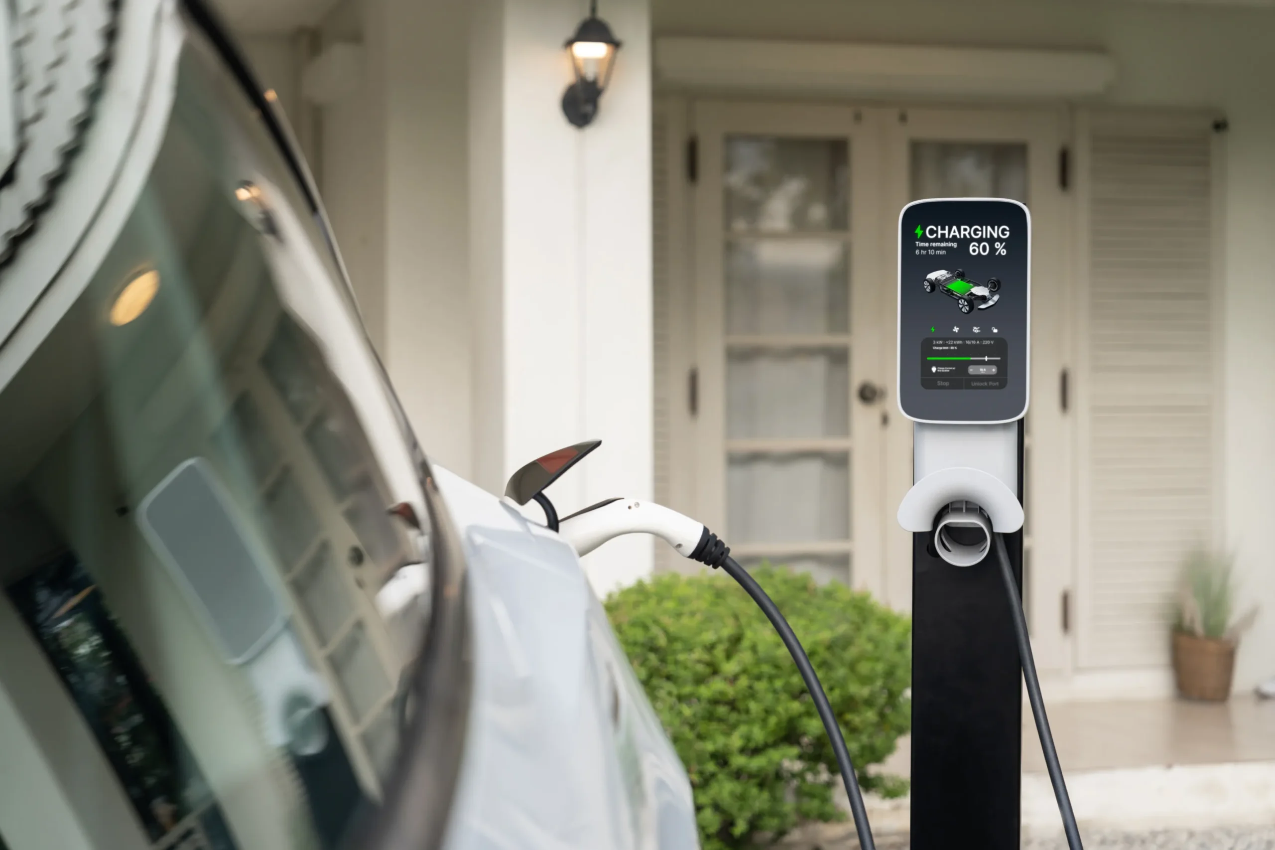Electric vehicle charging at home using an EV charger in Pennsylvania.