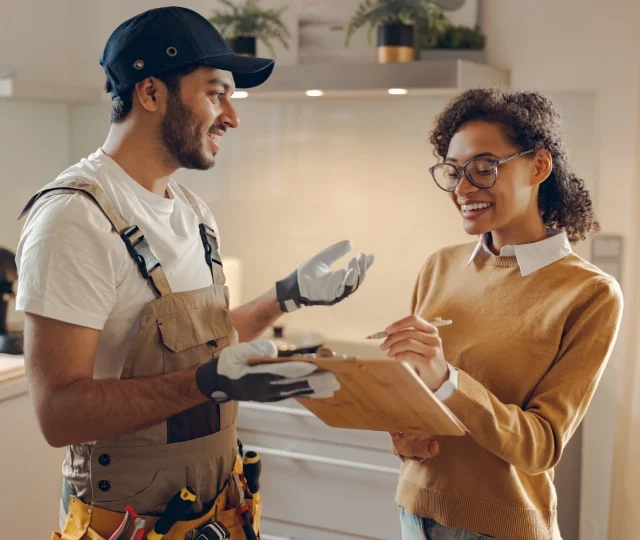 smilng-young-woman-signing-document-while-communicating-with-handyman-kitchen